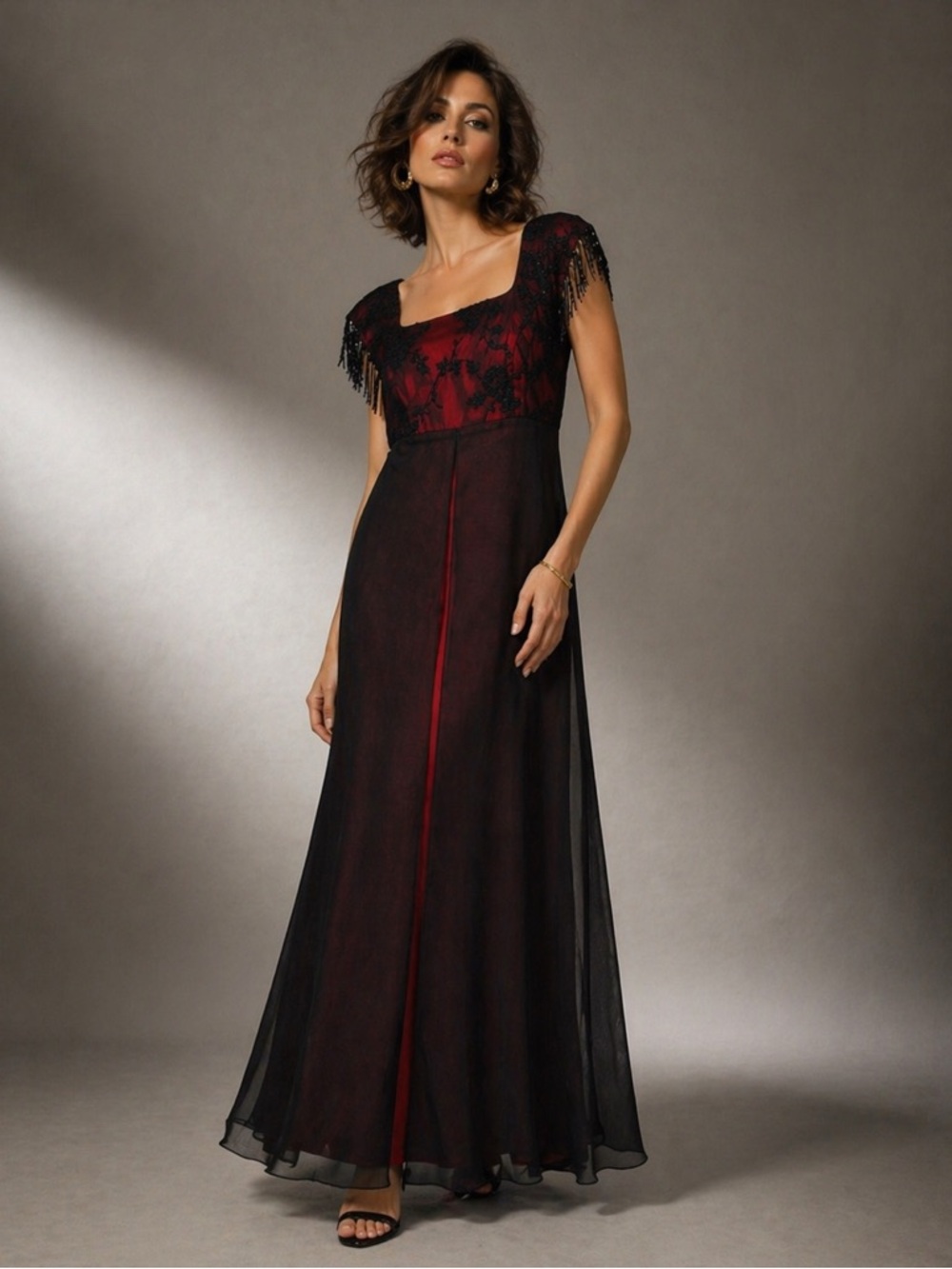 Faviana Red Black Fringe Gown Beaded Lace Gothic Formal Evening Dress Size 9/10
